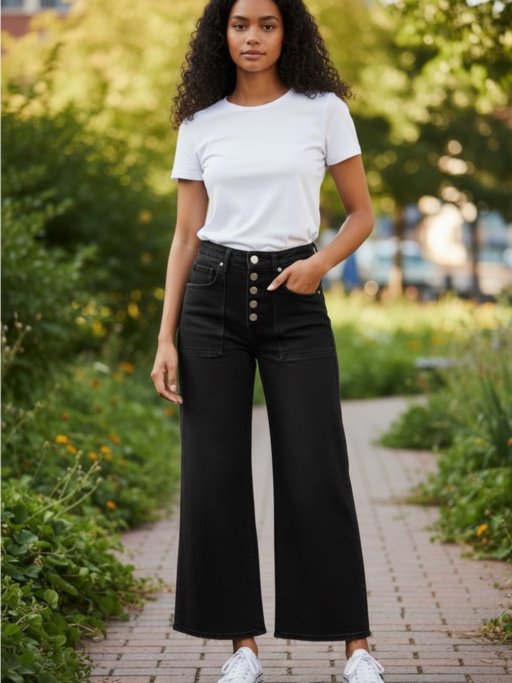 Everlane Black High-Rise Wide-Leg Button-Fly Ankle Jeans